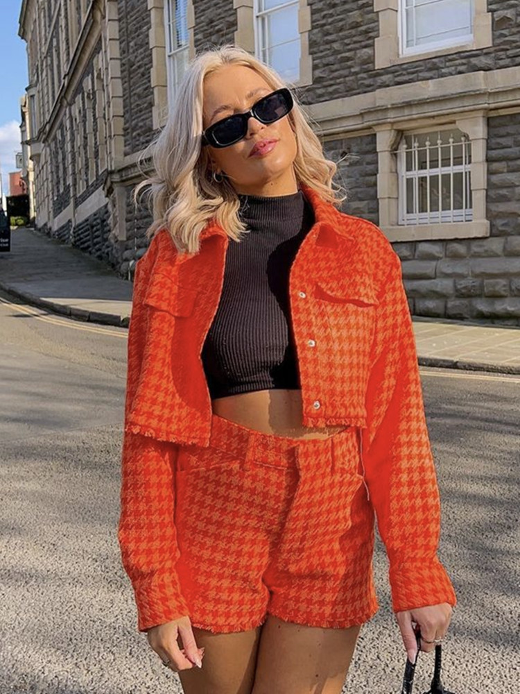 Wholesale Women Orange Tweed Cropped Jacket Single Breasted