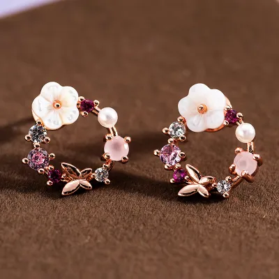 Women Romantic Zircon Flowers Shell Design Stud Earrings