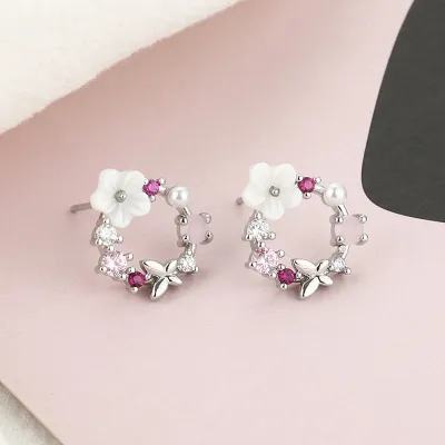 Women Romantic Zircon Flowers Shell Design Stud Earrings