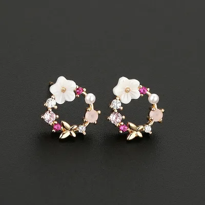 Women Romantic Zircon Flowers Shell Design Stud Earrings