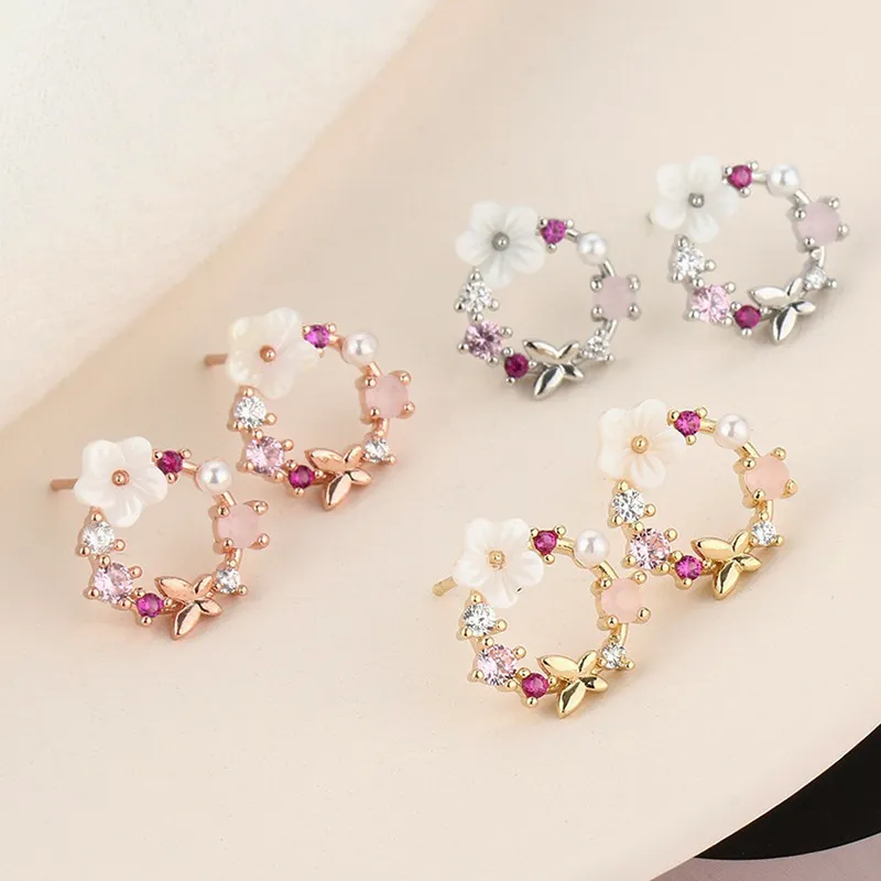 Women Romantic Zircon Flowers Shell Design Stud Earrings