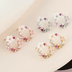 Women Romantic Zircon Flowers Shell Design Stud Earrings