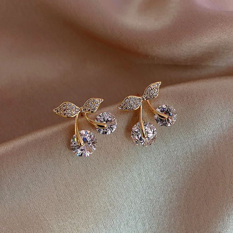 Women Exquisite Rhinestone Cherry Shaped Stud Earrings Trendy Zinc Alloy