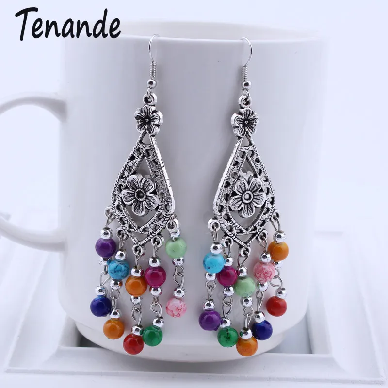 Women Vintage Bohemia Flower Hollow Out Shaped Tassels Drop Earrings