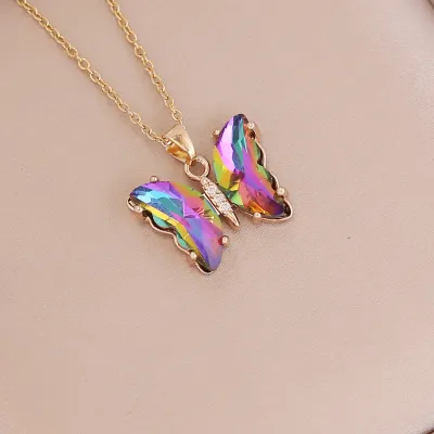 Women's Gradient Color Grass Butterfly Pendant Necklace
