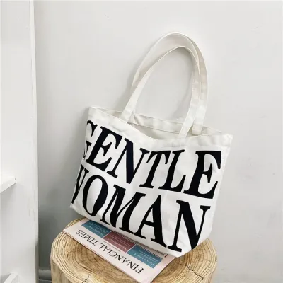 Women Fashion Casual Letter Pattern Solid Color Large Capacity Canvas Shoulder Bag