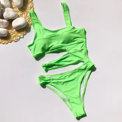 Solid Bandage One Piece Swimsuit Women Cut Out Monokini