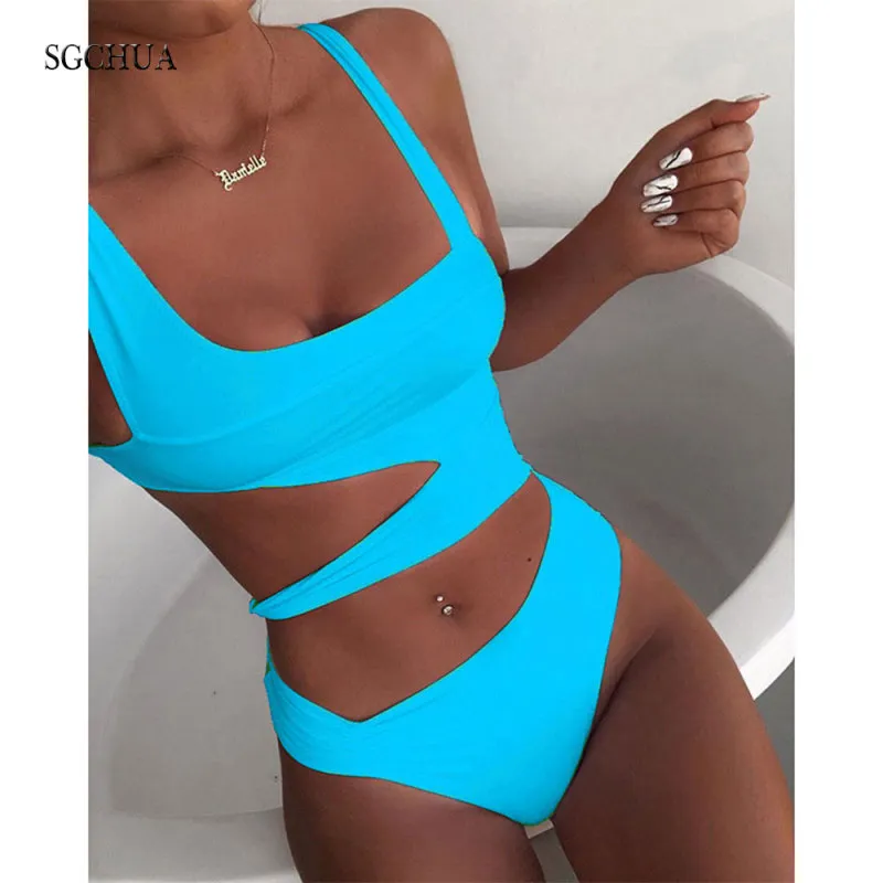 Solid Bandage One Piece Swimsuit Women Cut Out Monokini