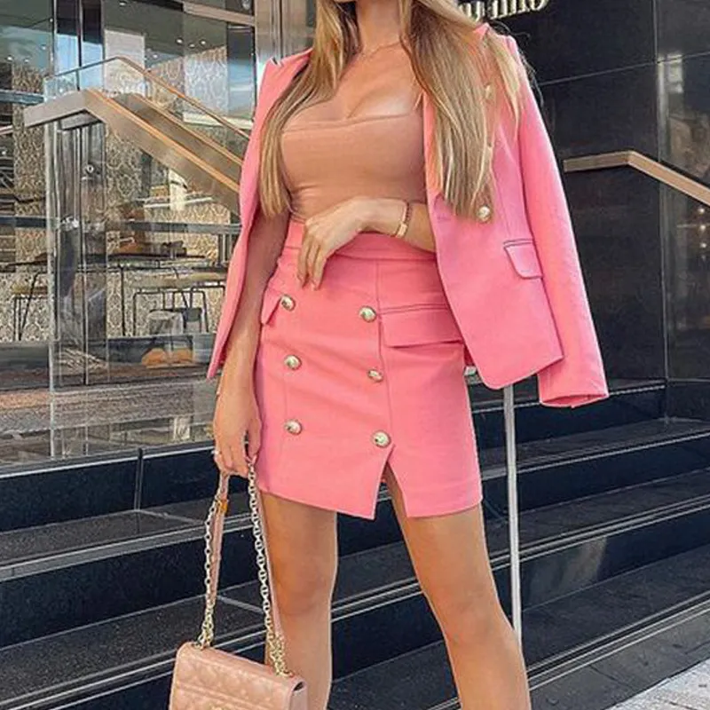 Women's Long-Sleeve Blazer and Short Skirt Two-Piece Set - Office Commuting Style
