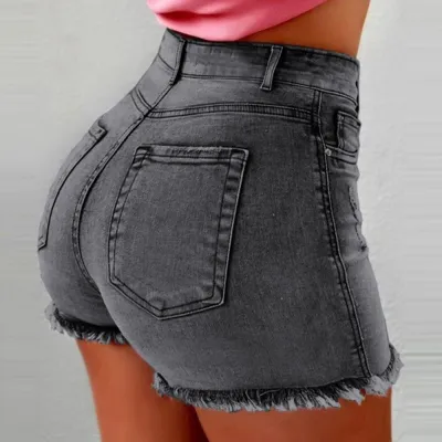 Women Casual Summer High Waist Raw Hem Denim Shorts With Pockets