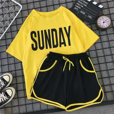 Women Casual Letter Print Short Sleeve T-shirt and Drawstring Shorts Two Piece Set