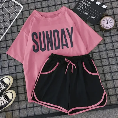 Women Casual Letter Print Short Sleeve T-shirt and Drawstring Shorts Two Piece Set