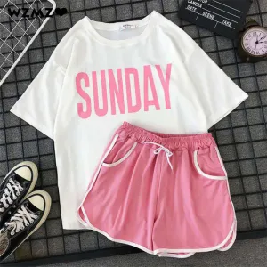 Women Casual Letter Print Short Sleeve T-shirt and Drawstring Shorts Two Piece Set