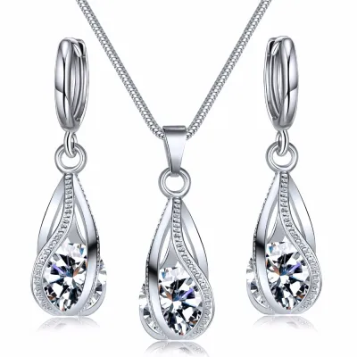 Women Luxury Zircon Crystal Geometric Necklace And Earrings Jewelry Set