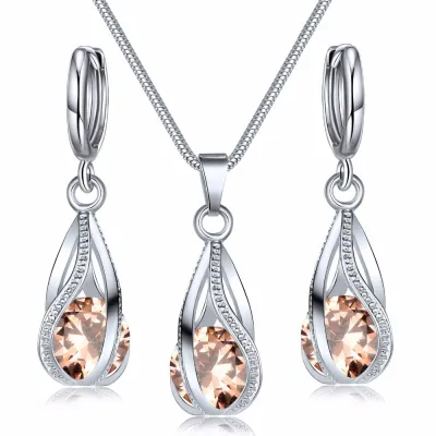Women Luxury Zircon Crystal Geometric Necklace And Earrings Jewelry Set