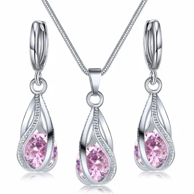Women Luxury Zircon Crystal Geometric Necklace And Earrings Jewelry Set