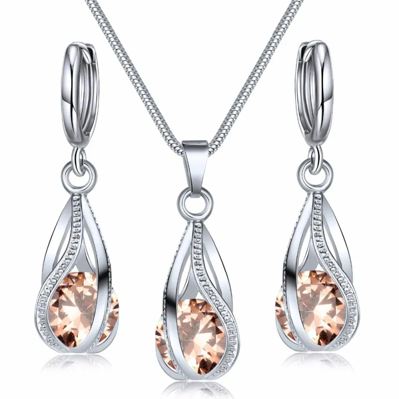 Women Luxury Zircon Crystal Geometric Necklace And Earrings Jewelry Set