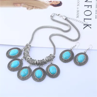 Women Antique Bohemia Water Drop Stone Pendant Necklace And Drop Earrings Jewelry Set