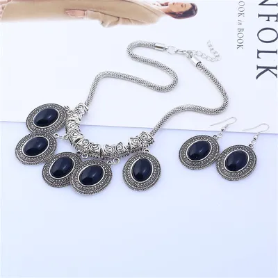 Women Antique Bohemia Water Drop Stone Pendant Necklace And Drop Earrings Jewelry Set