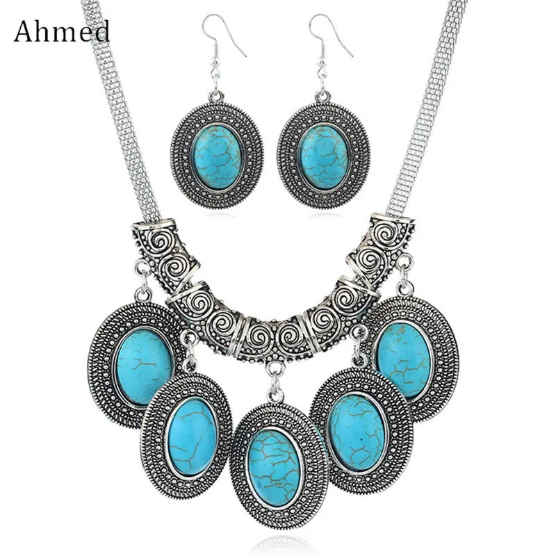 Women Antique Bohemia Water Drop Stone Pendant Necklace And Drop Earrings Jewelry Set