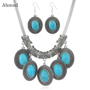 Women Antique Bohemia Water Drop Stone Pendant Necklace And Drop Earrings Jewelry Set