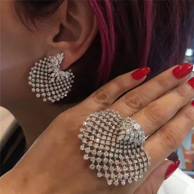 Women Luxury Exaggerated Full Rhinestone Earrings And Ring Jewelry Set