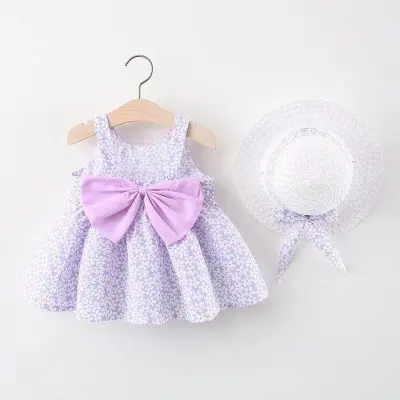 Kids Girls Pastoral Floral All Over Print Big Bow Design Sleeveless Dress With Hat Set