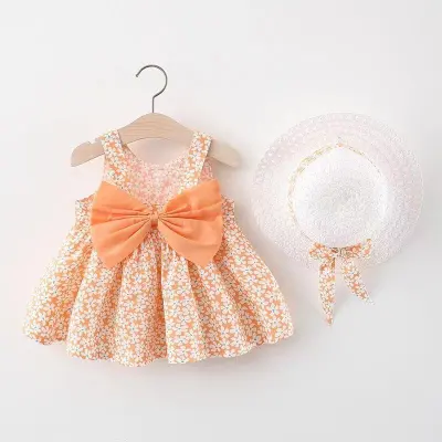 Kids Girls Pastoral Floral All Over Print Big Bow Design Sleeveless Dress With Hat Set