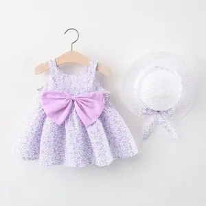 Kids Girls Pastoral Floral All Over Print Big Bow Design Sleeveless Dress With Hat Set