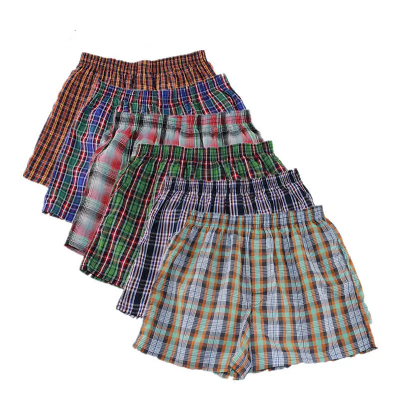 Men Underwear Cotton Short Breathable Plaid Woven Sleep Bottoms Random Color