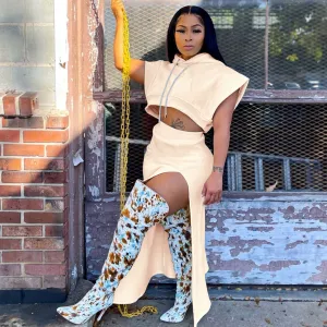 Plus Size Casual Women Sleeveless Hooded Crop Top And Side-slit Skirt Two-piece Set