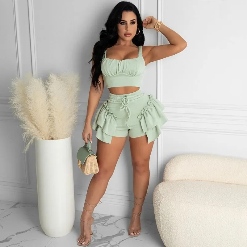 Wholesale Two Piece Ruffle Set Shorts Sets Women Casual Co Ord Short Suits