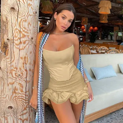 Women 2 Piece Sets Tube Corset Crop Top Ruffle Shirred Mini Skirt Set