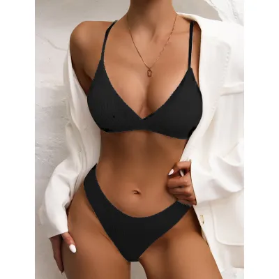 Plain Rib Women Swimsuit Thong Bikinis Set 2 Piece