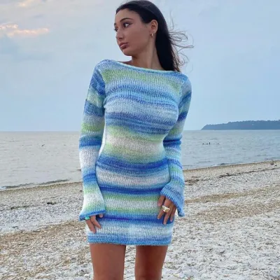 Women Edgy Sexy Backless Long Flared Sleeve Stripe Round Neck Knitted Dress