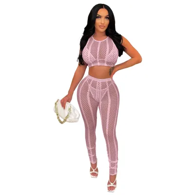 Women Sheer Mesh Cut Out Tank Crop Top And Leggings Skinny Two Piece Set Suits