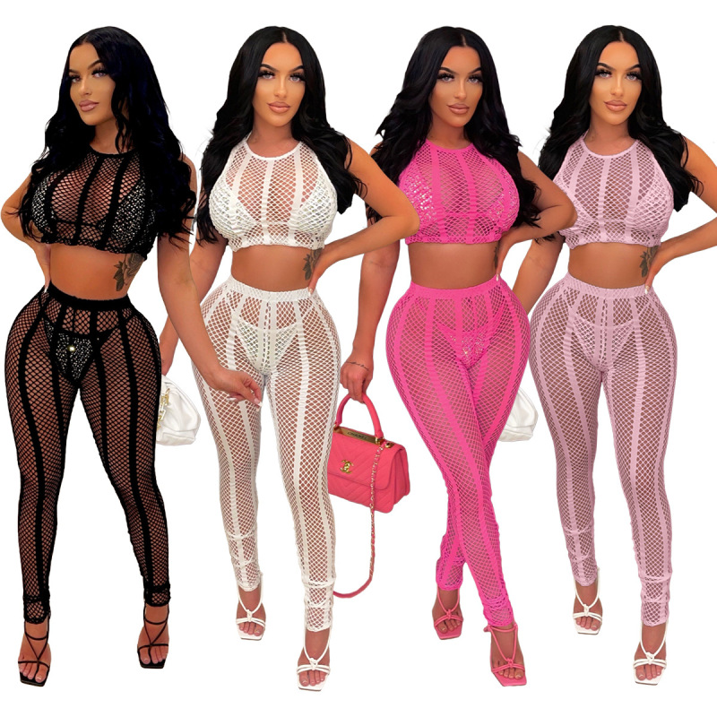 Wholesale 2 Piece Set Women Sheer Mesh Cut Out Tank Crop Top And Leggings Skinny Two Piece Set Suits