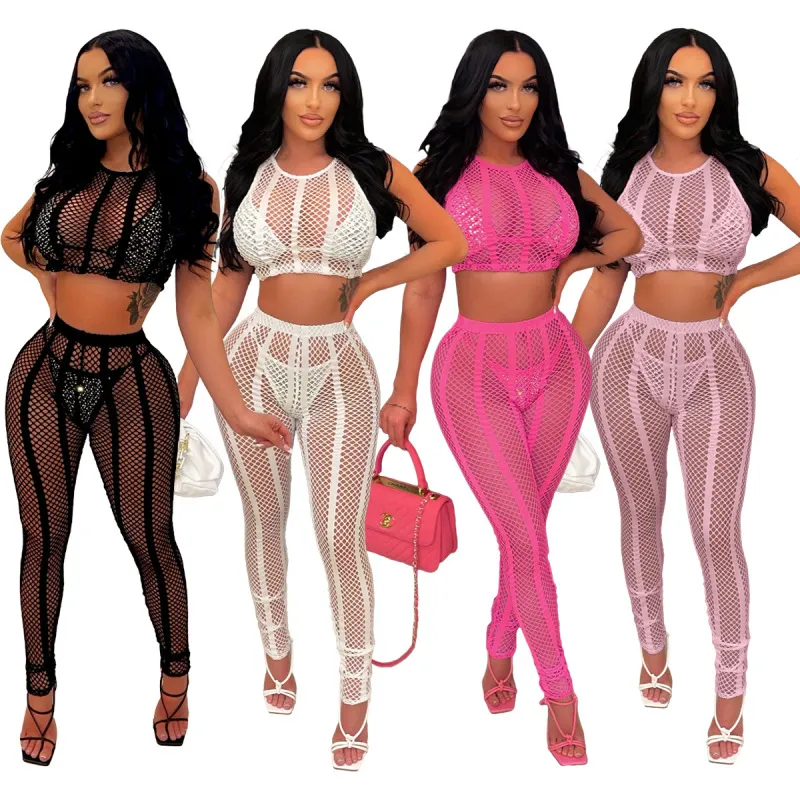 Women Sheer Mesh Cut Out Tank Crop Top And Leggings Skinny Two Piece Set Suits