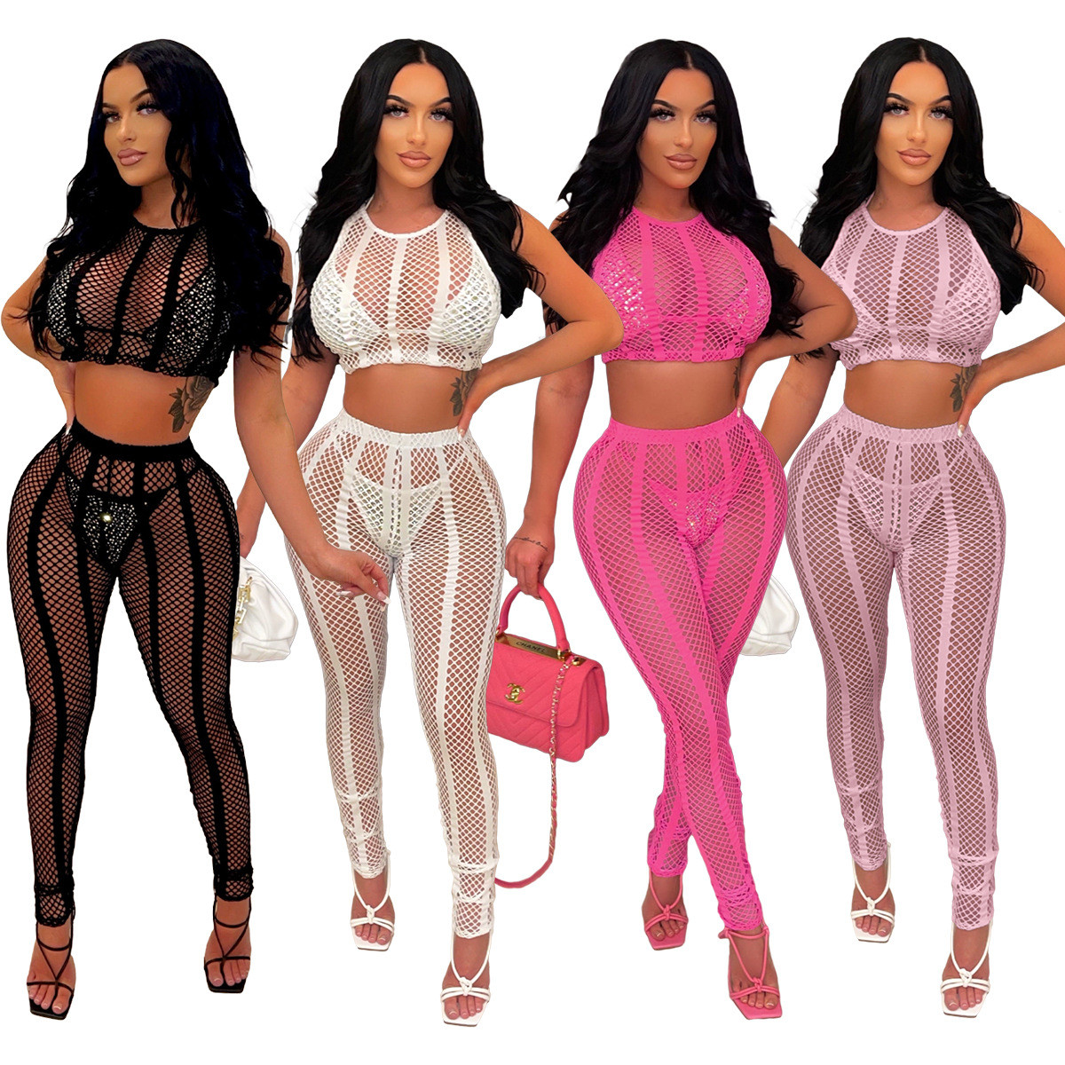 Wholesale 2 Piece Set Women Sheer Mesh Cut Out Tank Crop Top