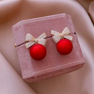 Fashion Chic Gold Color Zircon Bowknot Red Pearl Stud Earrings