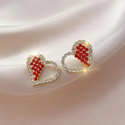 Christmas Red Zircon Crystal Bow Stud Earrings For Women Heart Shape Bowknot New Year Festival Jewelry