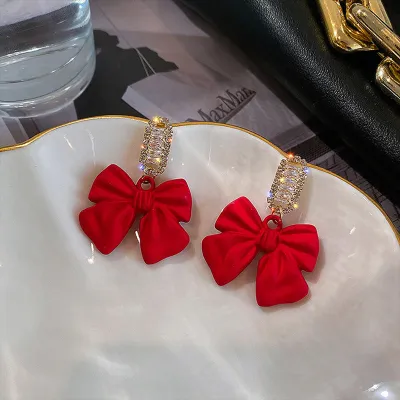 Christmas Red Zircon Crystal Bow Stud Earrings For Women Heart Shape Bowknot New Year Festival Jewelry