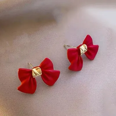 Christmas Red Zircon Crystal Bow Stud Earrings For Women Heart Shape Bowknot New Year Festival Jewelry