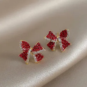 Christmas Red Zircon Crystal Bow Stud Earrings For Women Heart Shape Bowknot New Year Festival Jewelry