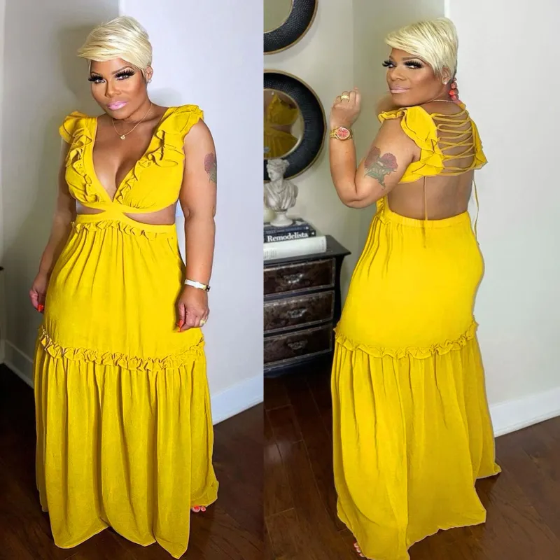 Women Plus Size V-Neck Lace-Up Solid Color Dress