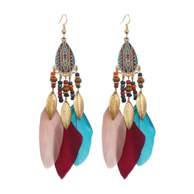 Women Bohemian Feather Decoration Drop Earrings Geometric Style