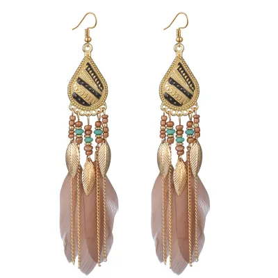 Women Bohemian Feather Decoration Drop Earrings Geometric Style