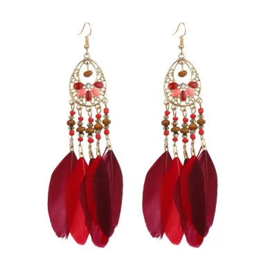Women Bohemian Feather Decoration Drop Earrings Geometric Style