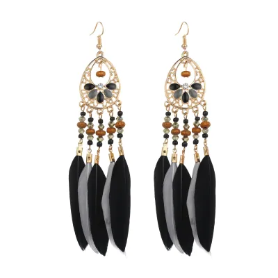 Women Bohemian Feather Decoration Drop Earrings Geometric Style
