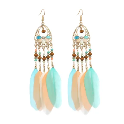 Women Bohemian Feather Decoration Drop Earrings Geometric Style
